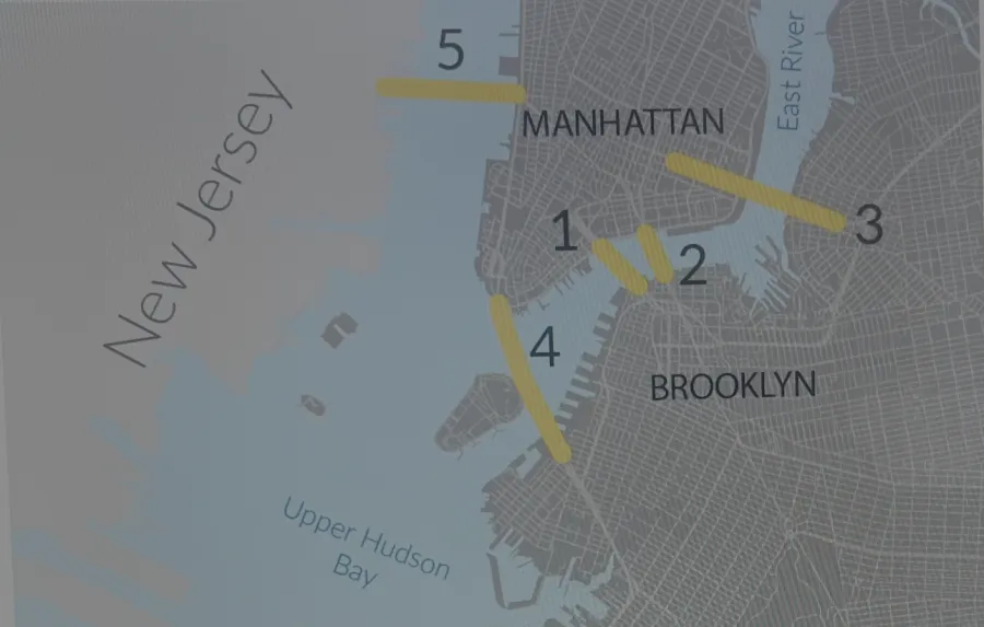Map of lower Manhattan and Brooklyn with five river crossings numbered 1 to 5
