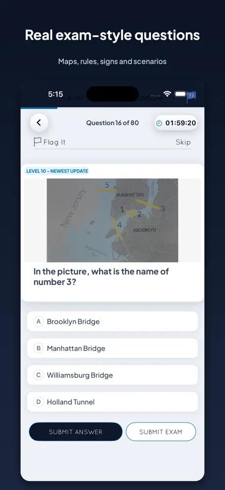 A practice exam question with a map